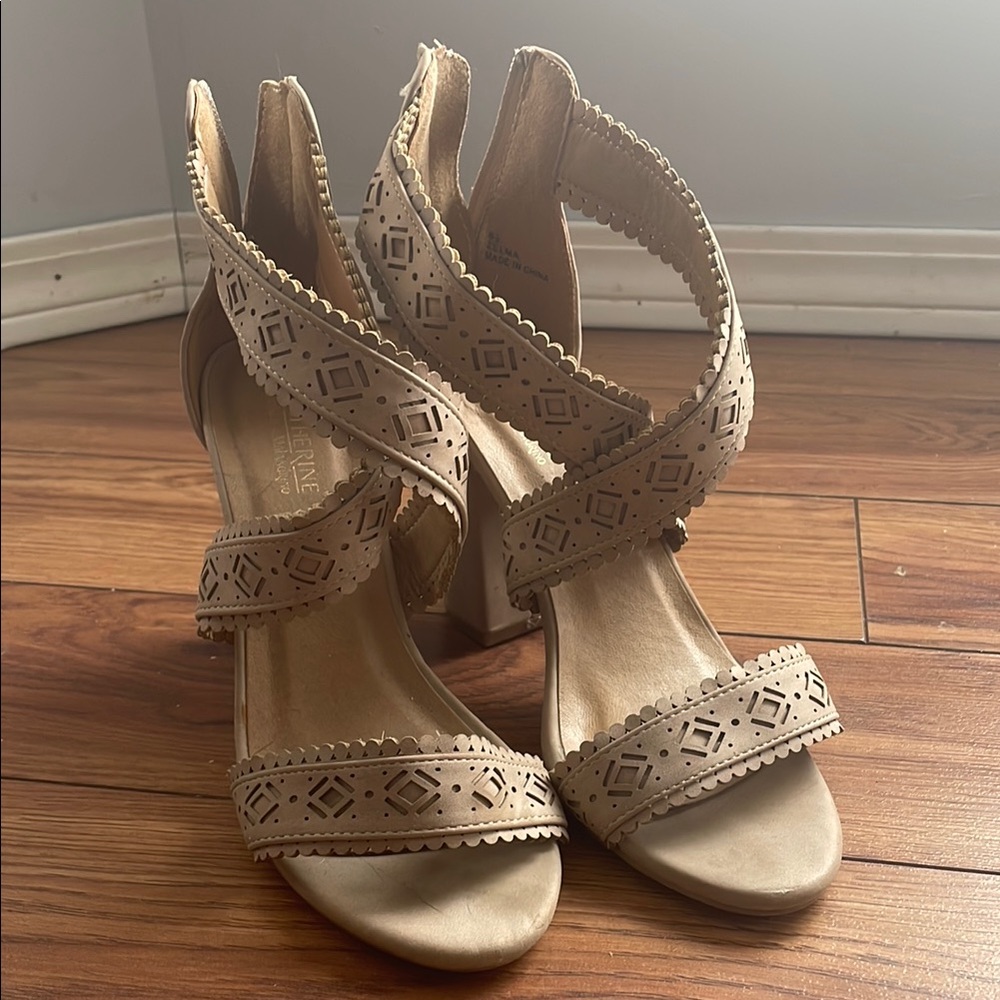 Catherine Malandrino Cream Heels with Intricate Straps and High Block Heel